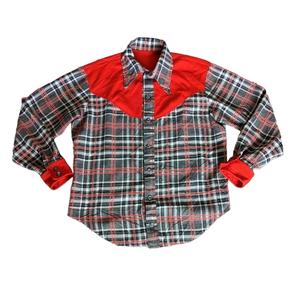 Vintage 70s Plaid Western Cowboy Pointy Collar Button Down Shirt - Picture 3 of 5